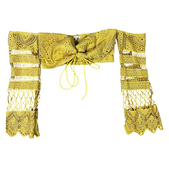 The Clothing Company Crop Top Womens L Mustard Yellow Eyelet Lace Hippie Boho - Picture 1 of 6